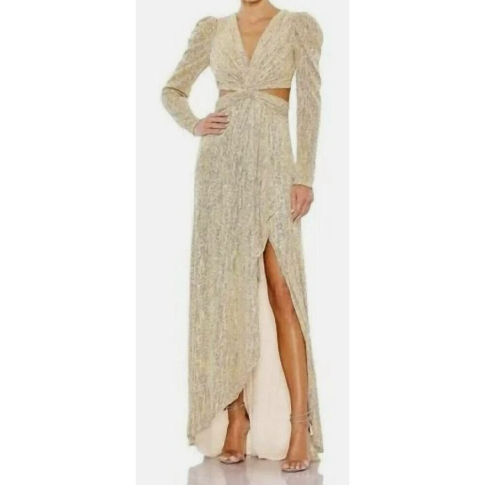 Mac Duggal Gold Puff Sleeve Cut Out Sequin Maxi Dress Gown NEW Size 0